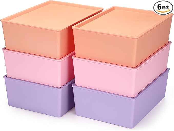 Menkxi 6 Pcs Large Plastic Storage Bins with Lids 14.4 x 10.4 x 5.1 Inch Stackable Storage Containers Decorative Cubby Organizer for Clothes Shelves Garage Closet Office (Pastel)