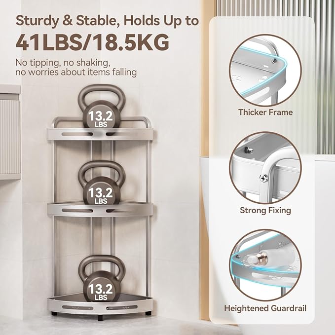 Corner Shower Caddy Standing, 3-Tier Rustproof Shower Organizer with Soap Holder, Aluminum Shower Shelf Stand for Bathroom Storage, Siver