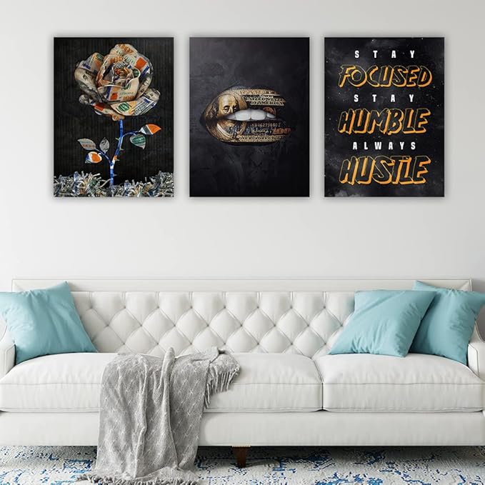 Motivational Canvas Painting Wall Art Flower Landscape Hustle Grind Inspirational Wall Art 3 Pieces Canvas Prints Framed Entrepreneur Poster Positive Quotes Wall Poster for Home Office Wall Decor