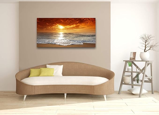 Muolunna S04650 Canvas Prints Wall Art Sunset Ocean Beach Pictures Photo Paintings for Living Room Bedroom Home Decorations Stretched and Framed Ready to Hang Seascape Waves Artwork 20x40inch