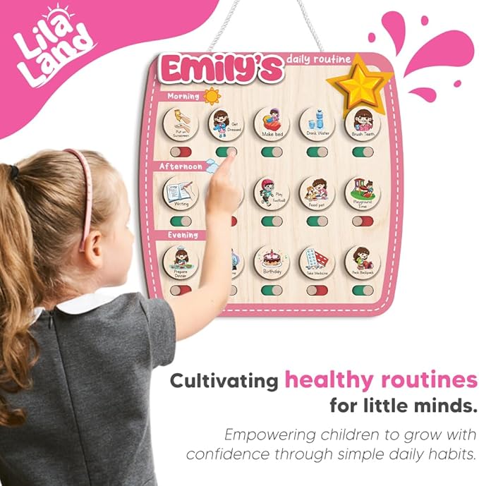 Personalized Wooden Chore Chart for Kids, Daily Routine Chart for Toddlers, Visual Schedule for Kids Age 3-5, Morning Bedtime Routine for Girls (09)