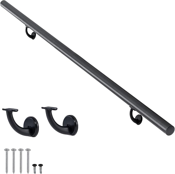 7FT Modern Aluminum Handrail Set, handrails for Indoor Stairs,Deck,Slope, Wall Mounted Staircase handrails, Zink Alloy Brackets Included,Rust Free. (Matte Black, 7 FT)