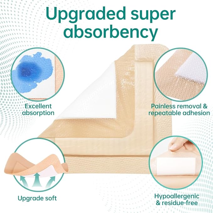 Dimora Silicone Foam Dressing with Border 4"X8" (10 Pack), Adhesive Large Bandages for Wound for Post Elbow Shoulder Knee Surgery Care