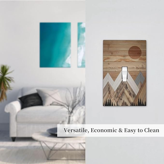 Wooden Planks Mosaic Snow Mountain Sun Decorative Light Switch Cover 1 Gang Single Toggle Device Electrical Faceplate Switchplates Decorator Outlet Wall Plate for Farmhouse Home Decor