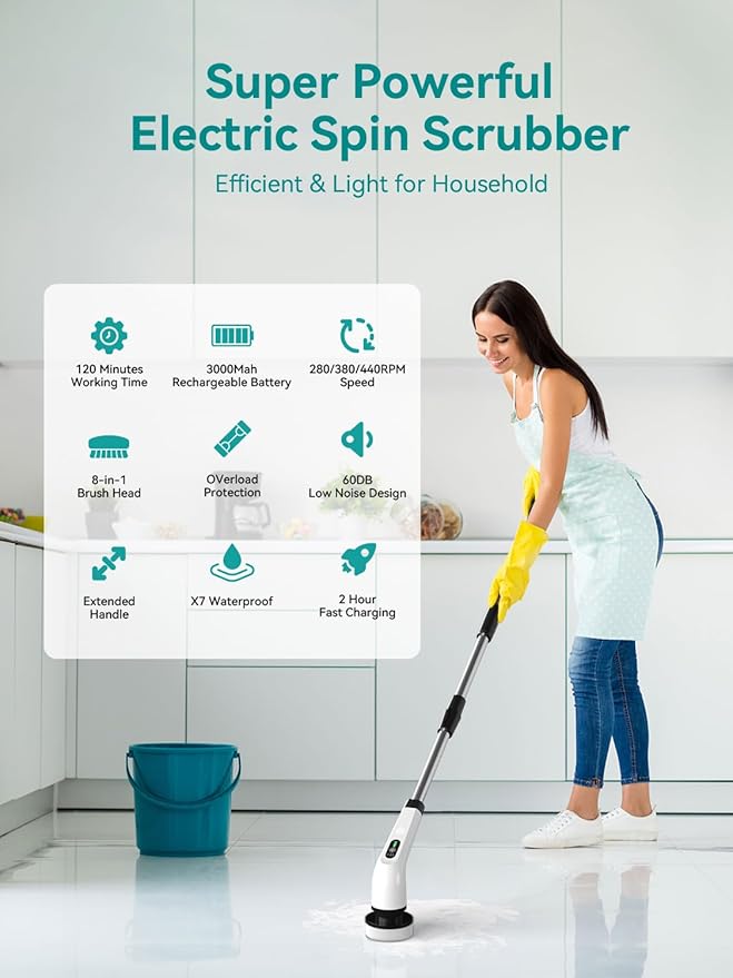 3-Speed Electric Spin Scrubber for Bathroom, 120Mins Runtime, Cordless Power Cleaning Brush with 8 Brush Heads, 3000mAh Shower Scrubber with Long Handle, Floor Scrubber, Grout Brush Bathtub Cleaning