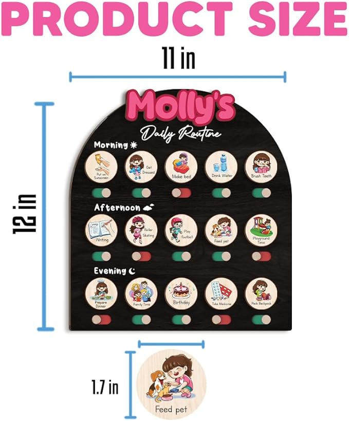 Personalized Wooden Chore Chart for Kids, Daily Routine Chart for Toddlers, Visual Schedule for Kids Age 3-5, Morning Bedtime Routine for Girls (08)