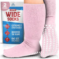 FORTIVO 2 Pairs Extra Wide Socks For Swollen Feet, Non-Slip Hospital and Diabetic Socks for Men and Women