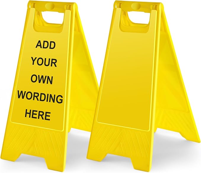 2 Pack 17.5 Inch Blank Floor Sign Yellow A-frame Foldable Caution Sign Write-On Double Sided Safety Warning for Pool Restaurant Restroom Office