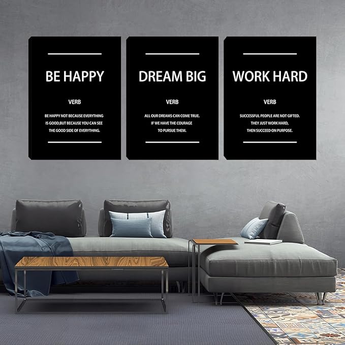Unbruvo Motivational Office Wall Art, 3 Pieces Inspirational Canvas Wall Art, Dream Big Be Happy Work Hard Prints Poster Wall Decor for Living Room BedRoom Dorm(60" Wx28 H)
