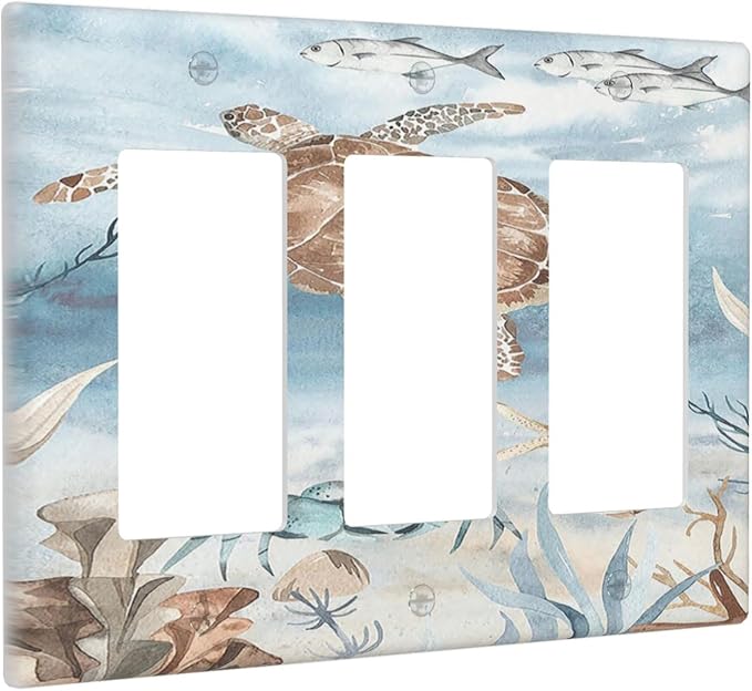 Light Switch Covers Sea Turtle Coral Reef Nauticaltheme 3 Gang Rocker Electrical GFCI Decorative Triple Outlet Wall Plate Cover Switchplate for Kids room Bathroom Decor