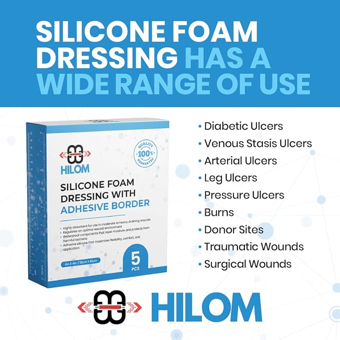 Hilom Silicone Foam Dressing with Adhesive Border 4 in x 10 in (5 Pack) Waterproof Dressing | Moist to Heavily Draining Wounds Including Pressure Ulcer, Burns, or Lacerations | Latex Free