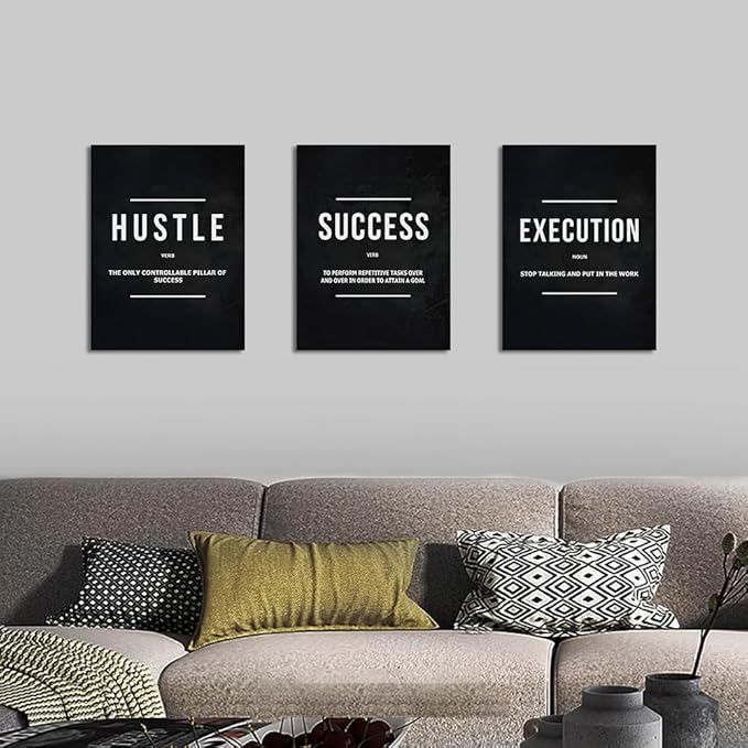 Unbruvo Hustle Success Execution Wall Art for Office, Inspirational Motivational Wall Decor, 3 Pieces Positive Quotes Canvas Wall Art for Entrepreneur Living Room Bedroom(72''Wx 36''H)