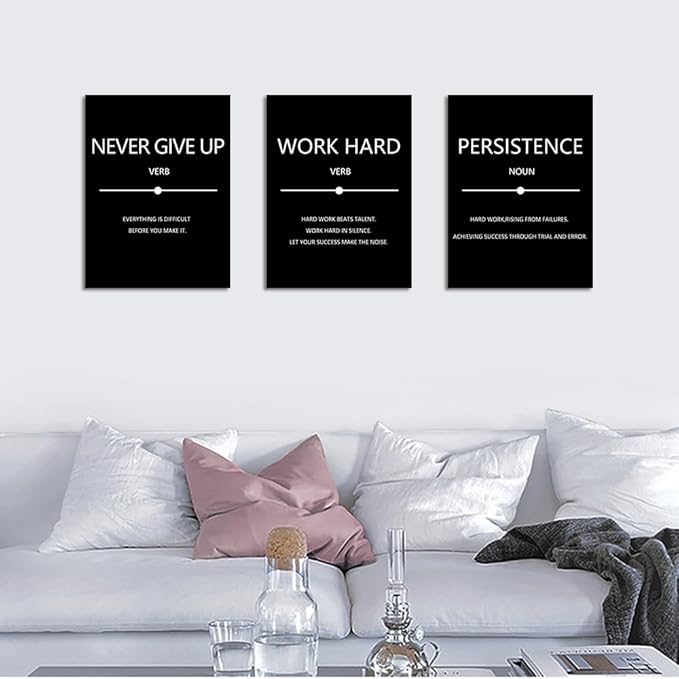 Unbruvo Inspirational Canvas Wall Art, Motivational Office Wall Decor, 3 Pieces Black Never Give Up Positive Quotes Wall Art for Workplace Living Room Bedroom(72''Wx 36''H)