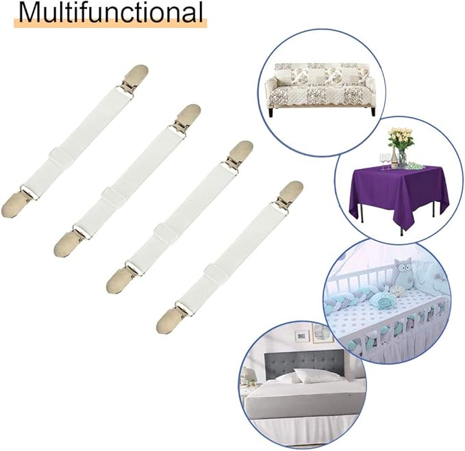 4Pcs Adjustable Bed Sheet Straps Clips, Elastic Mattress Sheet Fasteners Holder and Suspenders, Grippers to Hold Sheet, Mattress, Sofa, Couch, Table Cloth, Recliner Ironing Board Cover and More