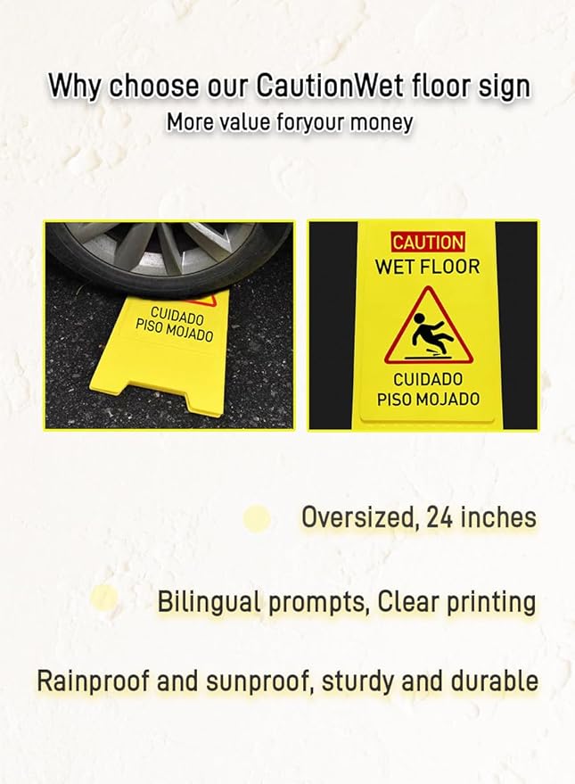 3-Pack Caution wet floor sign, 24 in. (approx. 60 cm) Height,Bright Yellow Double-Sided Folding A-Shaped Frame Design, Bilingual Caution Message