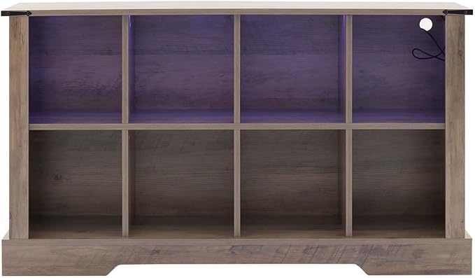 8 Cube Bookcase, Wooden Cube Storage Organizer Shelf, Grey Horizontal Book Shelf with LED Lights, Freestanding Display Cabinet for Living Room, Hallway TV Stand for Entryway