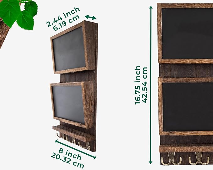Comfify Rustic 2-Slot Mail Sorter Organizer for Wall with Chalkboard Surface & 3 Double Key Hooks - Wooden Wall Mount Mail Holder Organizer – Entryway Made of Paulownia Wood - Torched Brown