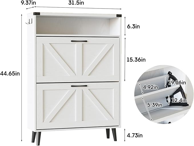 Shoe Cabinet with 2 Flip Drawers & Open Storage,Farmhouse Shoe Storage Cabinet for Entryway,Freestanding Narrow Organizer Rack with Legs,Foyer,Hallway,White