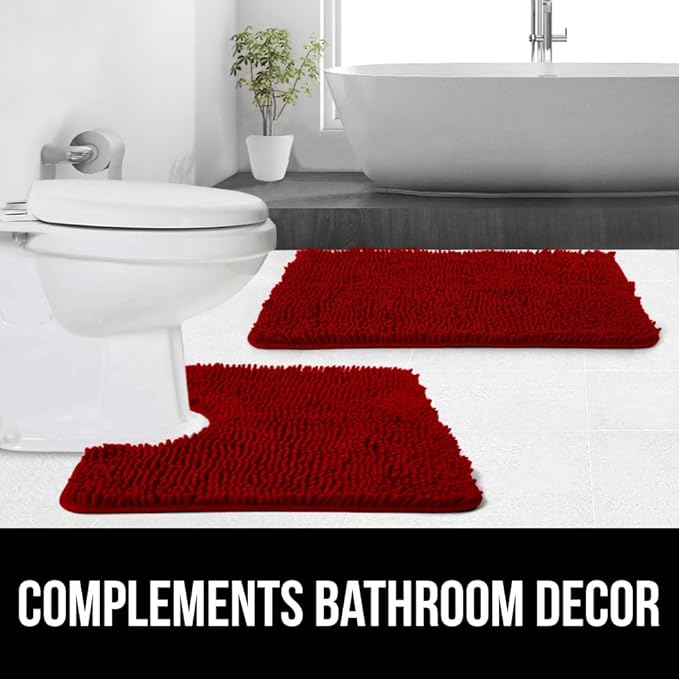 GORILLA GRIP Plush Absorbent Shaggy Chenille Bath Rug Mat for Square Toilet Base with Rubber Backing, Machine Washable Rugs, Soft Microfiber Contour Mats for Toilets, Bathroom Decor, Red