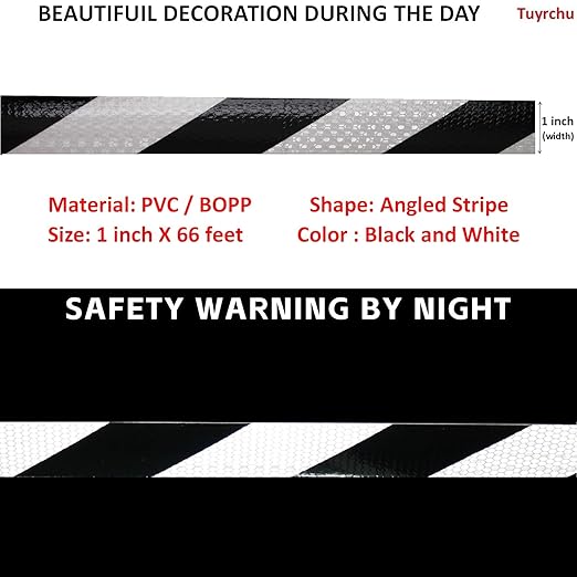 Black White Reflective Tape Outdoor Waterproof 1 inch X 66 feet, High Visibility Hazard Conspicuity Safety Industrial Marking Tape