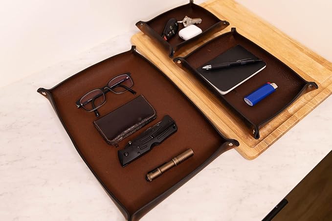 Valet Tray – Full-Grain Leather Catchall Organizer for Keys, Phone & Wallet – Rustic Nightstand & Desk Tray with Raised Sides – Handmade in USA (Vintage Brown, Large Rectangle)