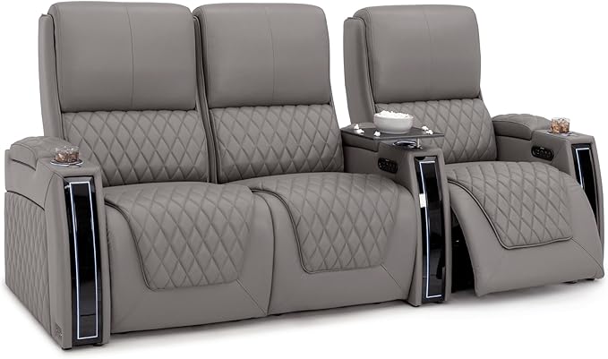 Seatcraft Apex Zero-Gravity CoolZero Italian Leather Home Theater Seating, Powered Headrest, Powered Lumbar, Powered Recline, Row of 3 Left Loveseat, Gray