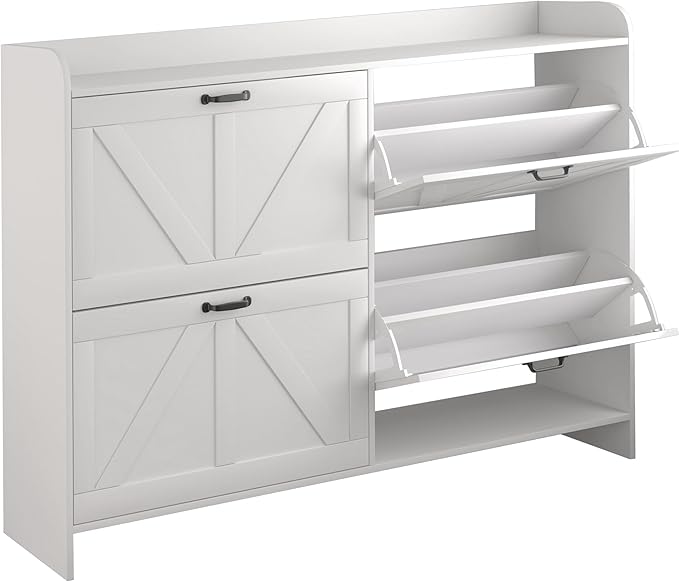 Shoe Storage Cabinet with 4 Flip-Drawers, 46 Inch Narrow Farmhouse Shoe Organizer with Metal Handles & Adjustable Shelves, Freestanding Shoe Rack Cabinet for Entryway, Hallway (White)