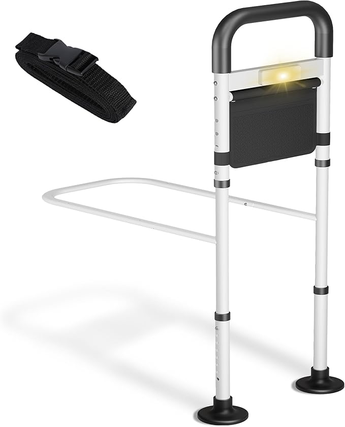 Bed Rails for Elderly Adults Safety, ASTM Safety Approved Adjustable Bed Assist Rail for Seniors, 400lb Weight Capacity, with LED Light & Storage Pocket & Fixing Strap,Fit King/Queen/Full/Twin Bed