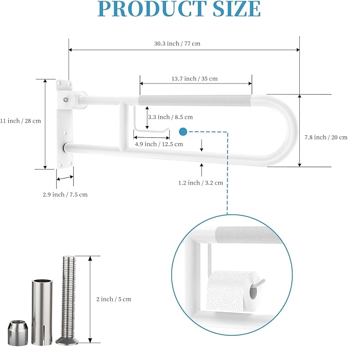 U Shaped Toilet Grab Bar 30.3 Inch, Munzong White Anti-Slip Support Rail, Flip-Up Bathroom Grab Bar with Paper Holder, Stainless Steel Knurled Handicap Safety handrails for Elderly Disabled Pregnant