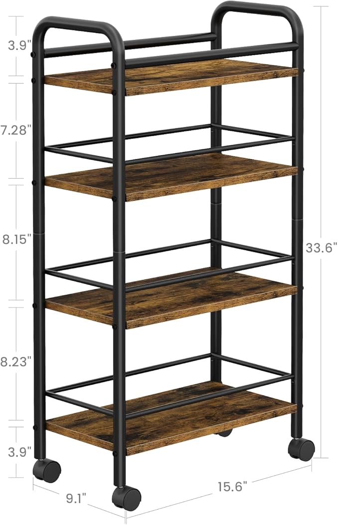 Slim Rolling Cart, 4-Tier Narrow Storage Cart with Handle, 9.1 Inches Deep, Bathroom Shelf for Small Spaces, Kitchen, Dining Room, Living Room, Laundry Room, Rustic Brown