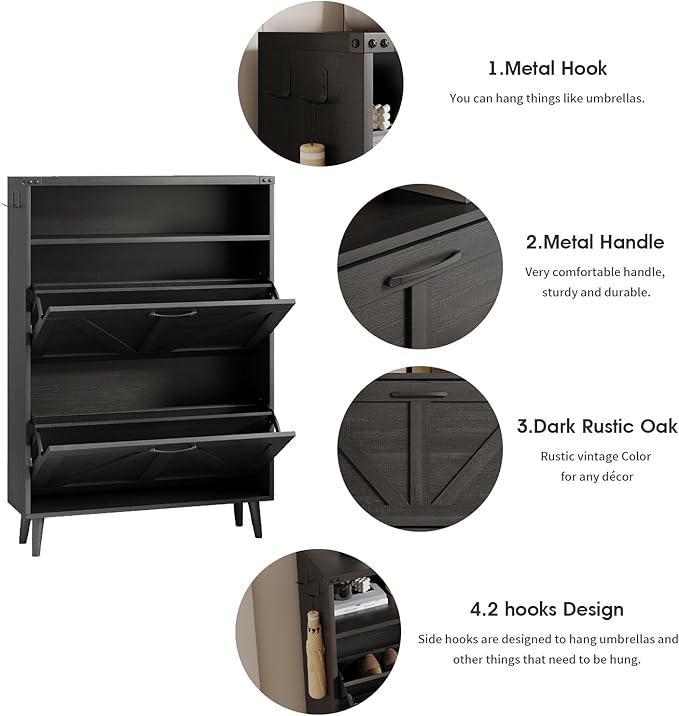 Shoe Cabinet with 2 Flip Drawers & Open Storage,Farmhouse Shoe Storage Cabinet for Entryway,Freestanding Narrow Organizer Rack with Legs,Foyer,Hallway,Black