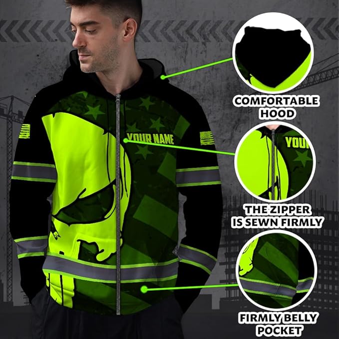 Maddly Hi Vis Reflective Zip Up Hoodie, High Visibility Safety Jacket with Skull Design for runner, worker, trucker, cyclist