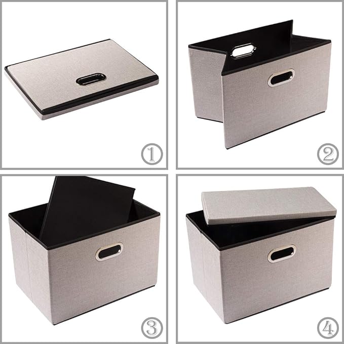 PRANDOM Foldable Storage Bin with Lid [1-Pack] Linen Fabric Decorative Storage Box Organizer Container Basket Cube with Handles Divider for Closet Office Living Room Light Grey(14.9x9.8x9.8)