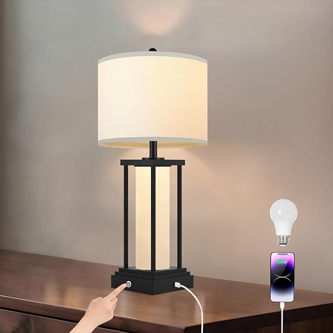 End Table Lamps, Touch Lamps, 3 Color Temperatures, Stepless Dimming, Bedside Lamps with USB C+A Ports, Living Room Table Lamps, Bedroom Lamps for Nightstand(Bulbs Included) - 1 Pack