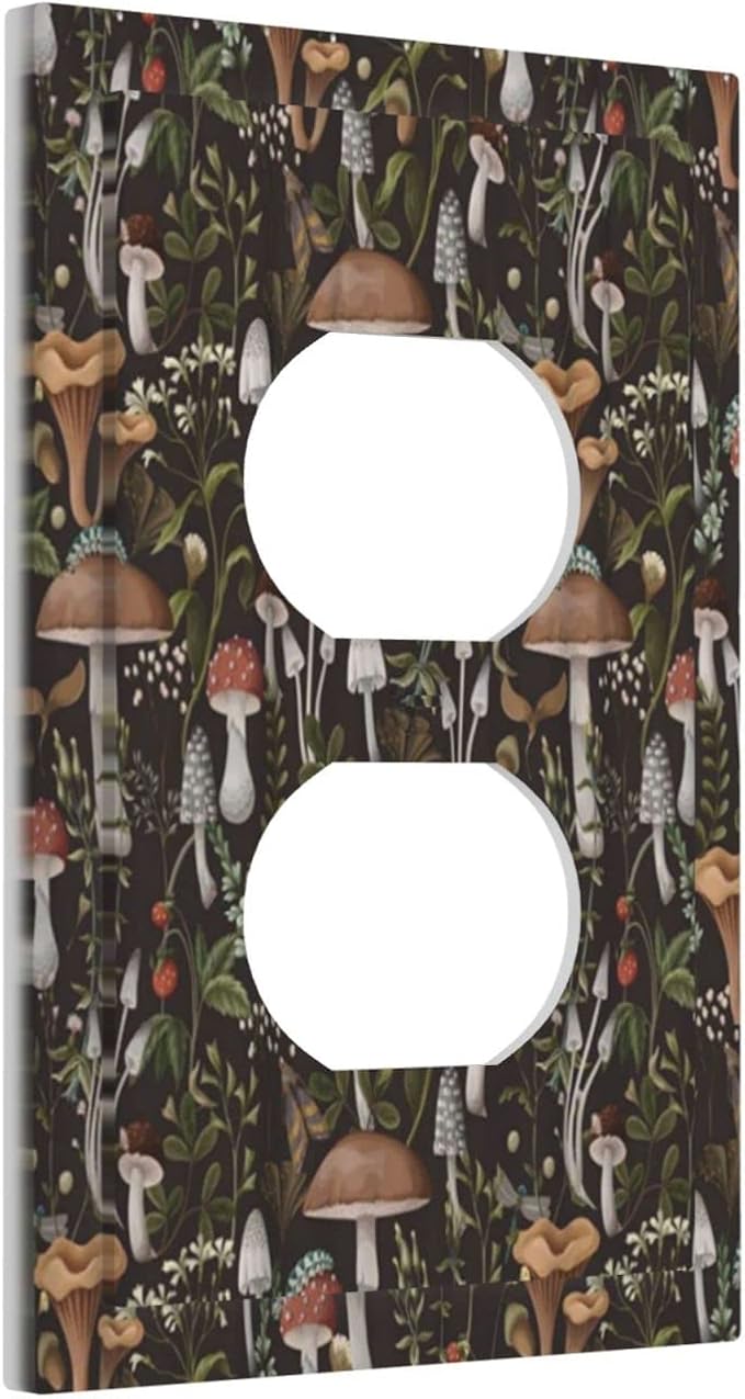 Rustic Vintage Boho Plant Mushroom Floral Leaf 1 Gang Duplex Outlet Cover Decorative Single Wall Plate Electrical Receptacle Light Switch Cover Dimmer Swithplate Faceplate for Country Bathroom Kitchen