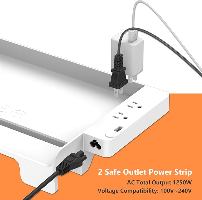 Bedside Shelf for Dorm Bunk Bed with USB Charging Port and 2 AC Outlets, Bedside Caddy, Bunk Bed Extender, Attachable Bedside Table, College Dorm Essential Clip On Bedside Tray, Plus Size, White