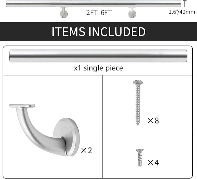 5FT Modern Aluminum Handrail Set, handrails for Indoor Stairs,Deck,Slope, Wall Mounted Staircase handrails, Zink Alloy Brackets Included,Rust Free. (Anodized Silver, 5 FT)