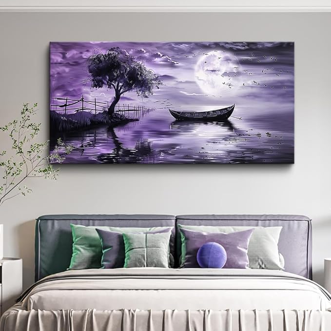 KELIYUAN Wall Art For Living Room Canvas Wall Decor For Bedroom Office Wall Decoration Landscape Paintings Modern Purple Lake View Pictures Artwork Hotel Room Home Decor Ready To Hang 20x40 In