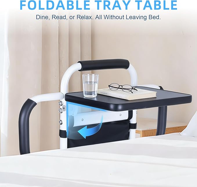 Bed Rails for Elderly Adults Safety: 90° Foldable Bed Assist Rails for Seniors w/Tray & Sensor Light, Adjustable Height Bedside Support Rail with 3 Handles, Storage Pocket, Heavy Duty 350lb
