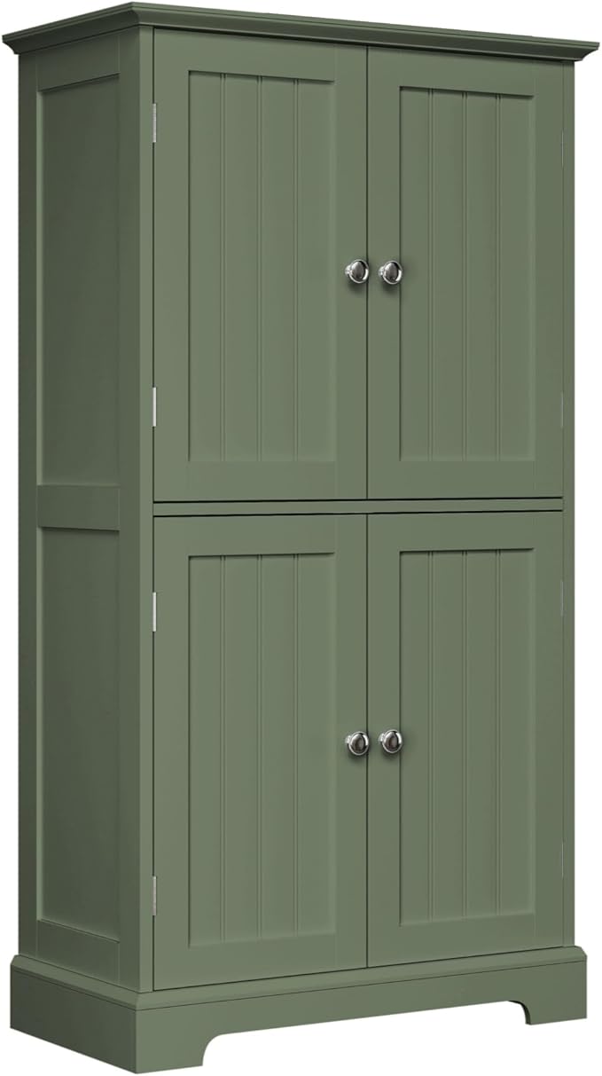 ChooChoo Bathroom Floor Cabinet, Modern Bathroom Storage Cabinet with 4 Doors and Adjustable Shelves, Freestanding Cupboard for Living Room, Green