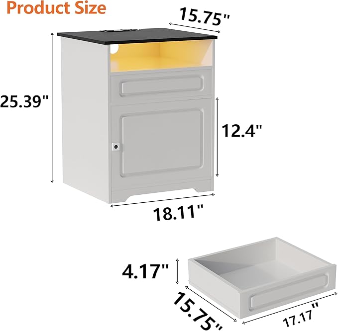 Night Stand with Charging Station,Fingerprint Lock Bedside Table with Drawers,Farmhouse End Table and Nightstand,Small Side Table for Bedroom,Living Room (White-with Fingerprint Lock, 1-Pcs)