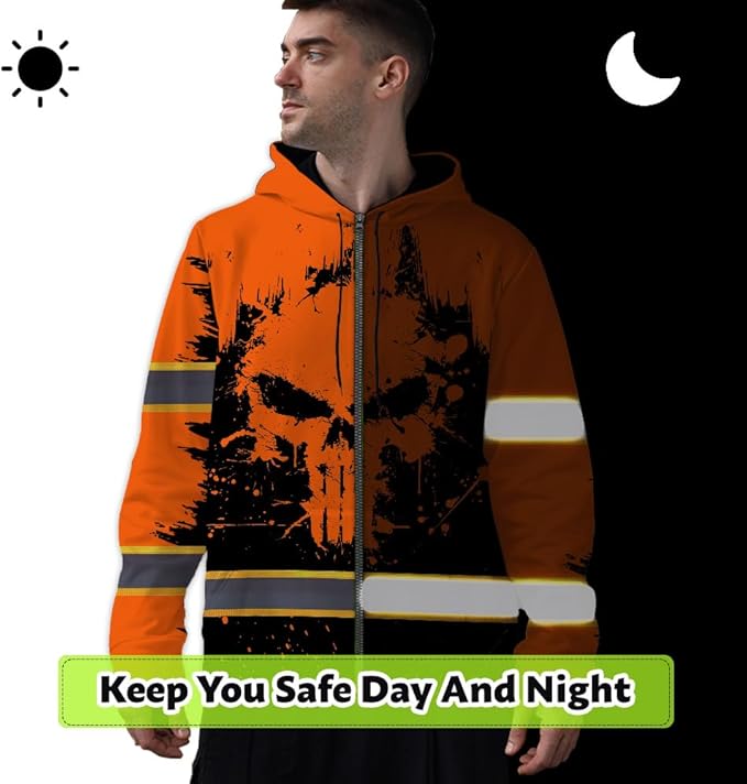 Maddly Hi Vis Reflective Zip Up Hoodie, High Visibility Safety Jacket with Skull Design for runner, worker, trucker, cyclist
