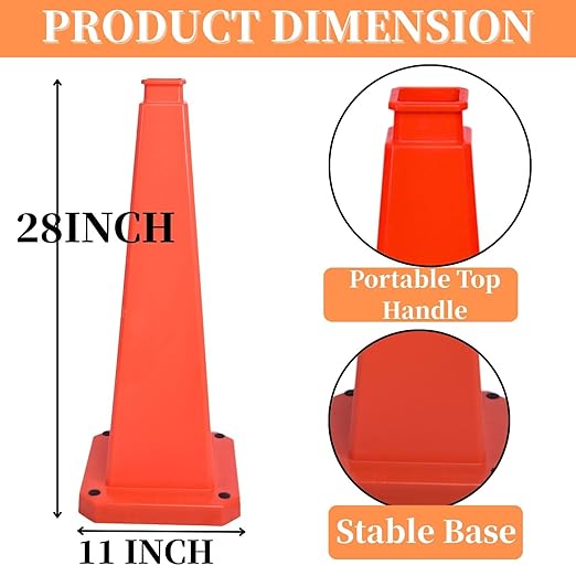 BESEA 6 Pack 28" Bright Orange Traffic Safety Cones with Weighted Base, High-Visibility Parking Cones for Driveways, Business Parking Lots, Garages, Indoor/Outdoor Use
