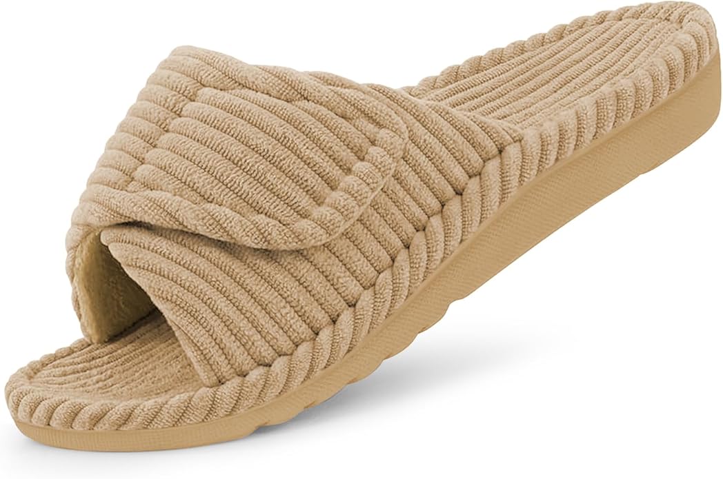 Litfun Orthopedic House Slippers for Women Adjustable Arch Support Indoor Slippers Open Toe Corduroy Bedroom Shoes