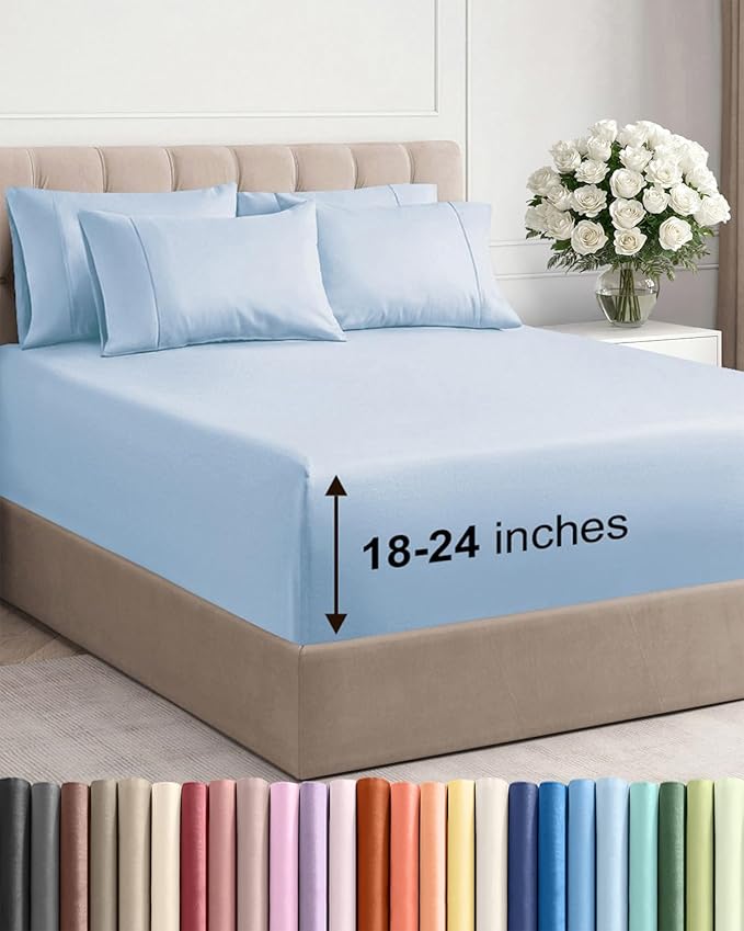 Extra Deep Queen Sheet Set - 6 Piece Breathable & Cooling Sheets - Hotel Luxury Bed Sheets Set - Easy & Secure Fit - Soft, Wrinkle Free & Comfy Sheets Set - Sky Blue Sheet Set with Extra Deep Pockets