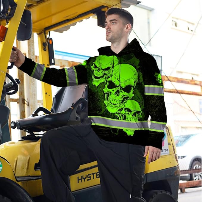 Matedecor Skull US Flag Reflective High Visibility Hoodie For Men Construction Hi Vis Safety Workwear Custom Name
