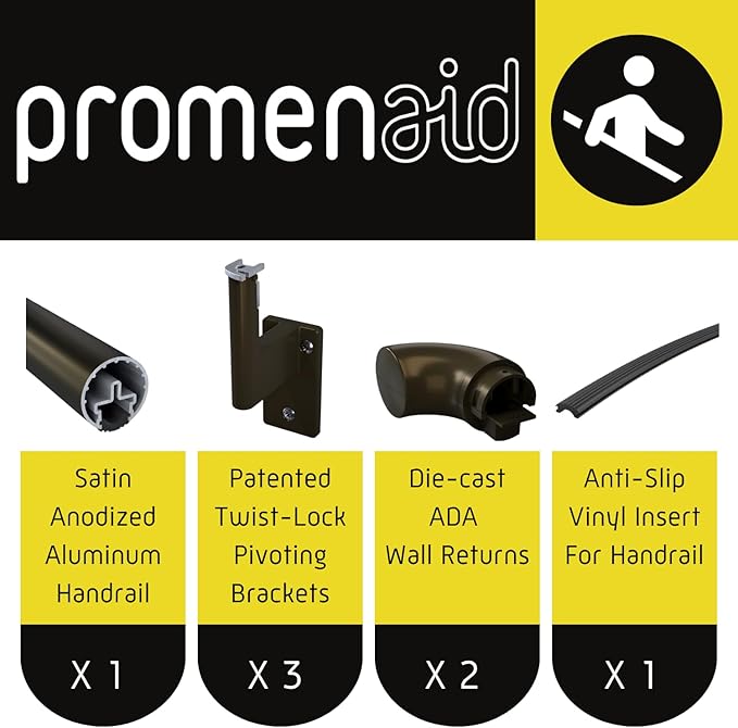 Promenaid 5ft ADA Handrail Kit - Architectural Bronze - Complete Indoor/Outdoor Handrail for Stairs - 1.6" Round Anodized Aluminum Railing with 3 Bronze Painted Brackets & ADA Wall Returns