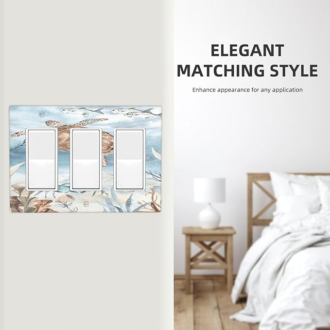 Light Switch Covers Sea Turtle Coral Reef Nauticaltheme 3 Gang Rocker Electrical GFCI Decorative Triple Outlet Wall Plate Cover Switchplate for Kids room Bathroom Decor