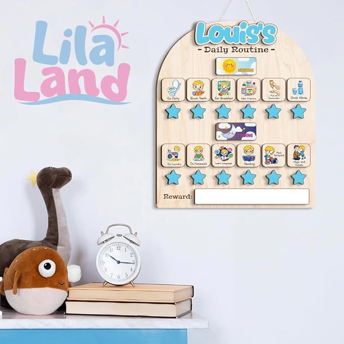 Wooden Chore Chart for Boys, Daily Routine Chart for Kids, Visual Schedule, Chore Reward Chart, Bedtime Morning Routine Chart for Toddlers (02)