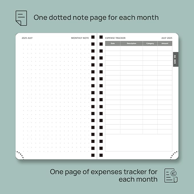 POPRUN Monthly Planner 2025-2026 Pocket Size (4" x 6.25") 18 Months Calendar (Jul 2025 - Dec 2026) - 4 Pages per Month with Monthly Expense & Notes, Sunday Start, Leather Cover - Blue Green